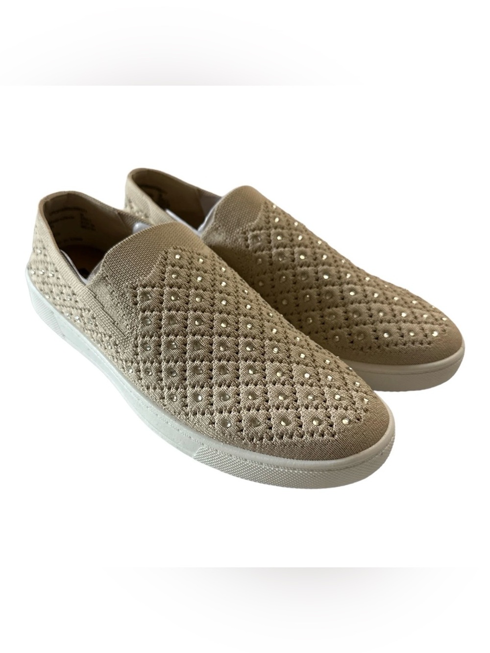 White Mountain Beige Slip-On Knit Sneakers with Stud Embellishments